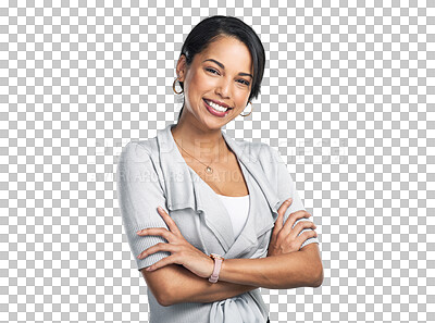 Buy stock photo Portrait, fashion and arms crossed with a business woman isolated on a transparent background for work. Happy, smile and a young corporate female employee on PNG for management or empowerment on PNG