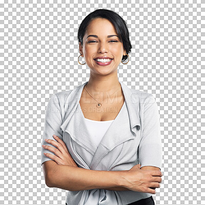 Buy stock photo Portrait, corporate and arms crossed with a business woman isolated on a transparent background for work. Fashion, smile and a happy professional employee on PNG for management or empowerment on PNG