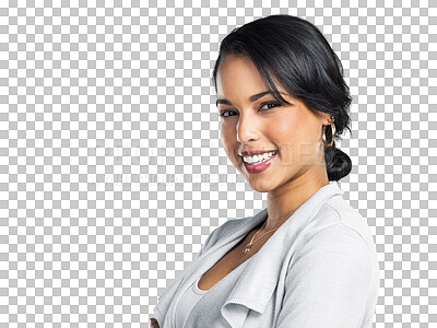 Buy stock photo Portrait, happy and corporate with a business woman isolated on a transparent background for work. Fashion, smile and a professional female employee on PNG for management or empowerment on PNG