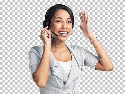 Buy stock photo Customer support, call center and woman excited, happy and smile for telemarketing sales pitch success. Headset mic, callcenter happiness and person celebrate isolated on transparent, png background