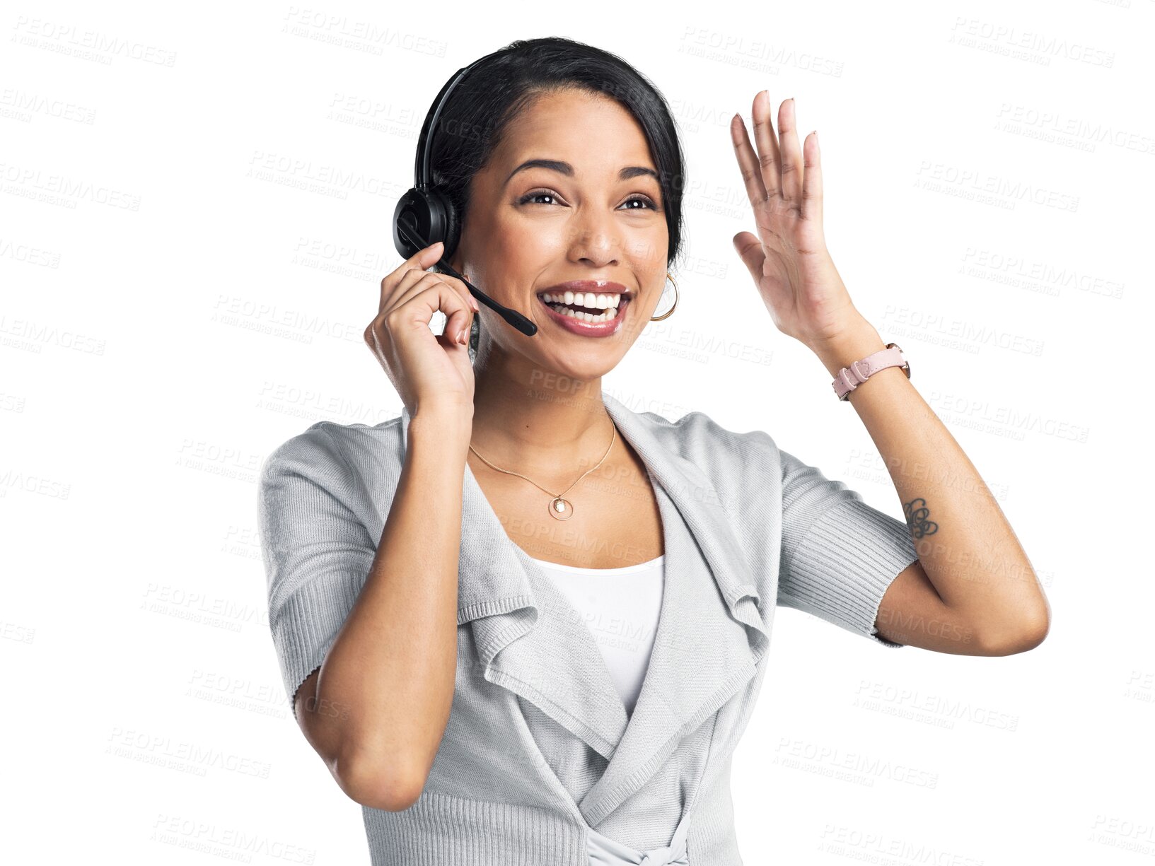 Buy stock photo Customer support, call center and woman excited, happy and smile for telemarketing sales pitch success. Headset mic, callcenter happiness and person celebrate isolated on transparent, png background