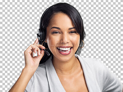 Buy stock photo Customer support, call center portrait and happy woman consulting, networking and telemarketing on sales pitch. Communication smile, contact us face and person isolated on transparent, png background