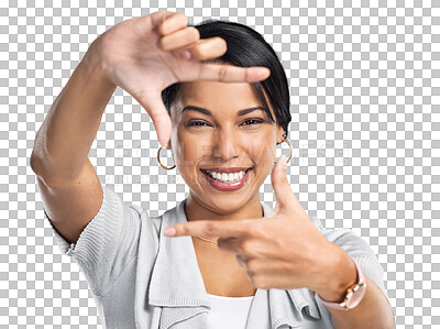 Buy stock photo Photography, fingers and happy portrait of woman isolated on transparent png background for social media. Young  face of latino person with frame, selfie or hands sign for influencer profile picture