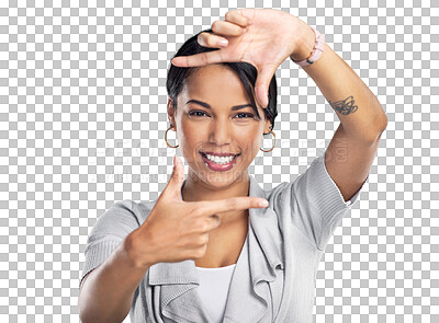 Buy stock photo Portrait, business and woman with finger frame, employee and consultant isolated against a transparent background. Face, female person or focus with professional, perspective or hand gesture with png