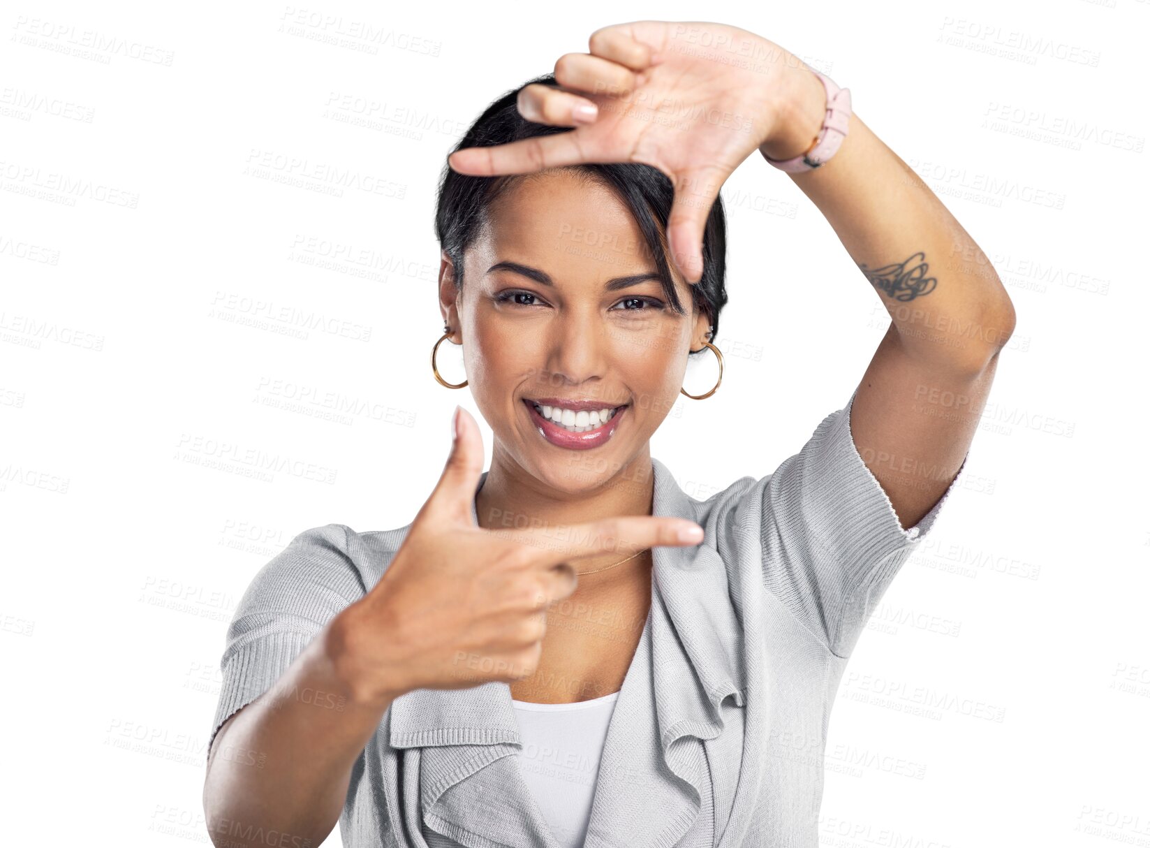 Buy stock photo Portrait, business and woman with finger frame, employee and consultant isolated against a transparent background. Face, female person or focus with professional, perspective or hand gesture with png