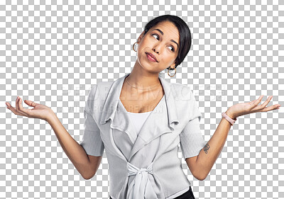 Buy stock photo Confused, thinking and shrug with business woman on transparent background for idea, decision and dont know. Choice, doubt and why with female employee isolated on png for solution, emoji or question