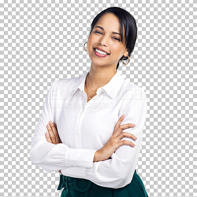 Buy stock photo Arms crossed, happy and portrait of business woman on transparent background for professional, confident and entrepreneur. Smile, pride and designer with employee isolated on png for career mindset