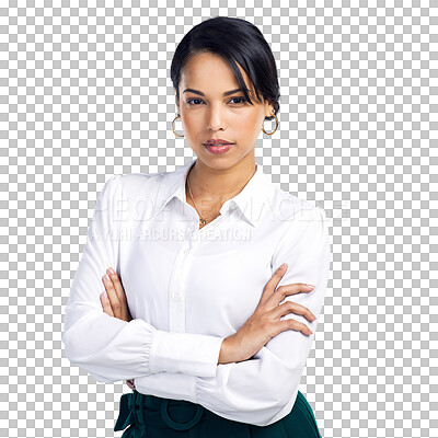 Buy stock photo Crossed arms, serious and portrait of a young woman with confidence, leadership or management. Pride, professional and female corporate lawyer or boss posing isolated by a transparent png background.