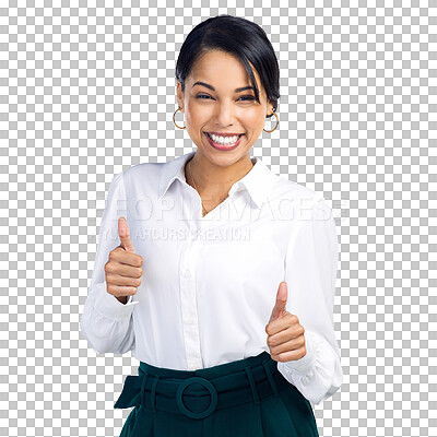 Buy stock photo Face, thumbs up and business woman for success, thank you or winning, yes and like sign. Portrait of happy worker or person with okay, good job hands or emoji isolated on transparent, png background