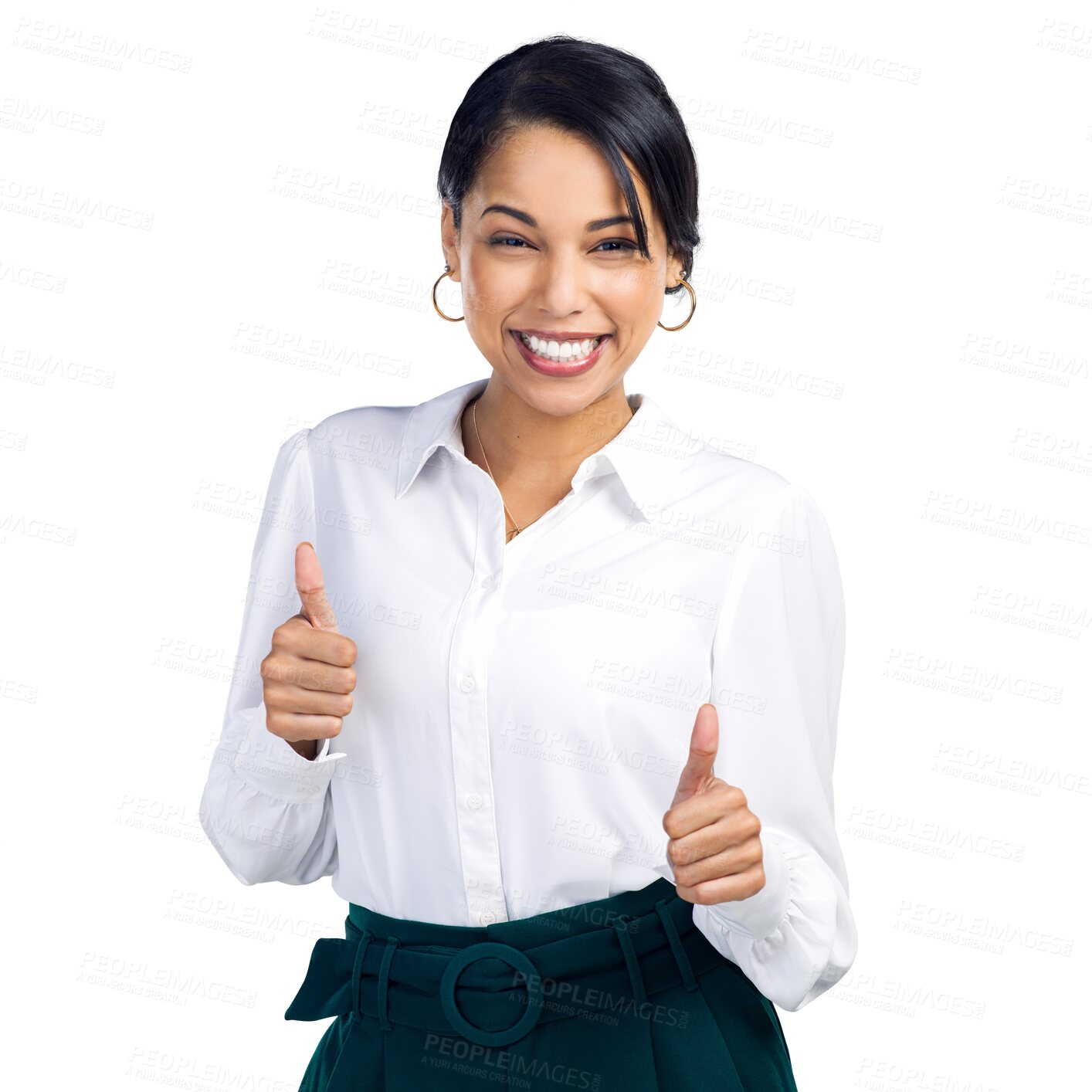 Buy stock photo Face, thumbs up and business woman for success, thank you or winning, yes and like sign. Portrait of happy worker or person with okay, good job hands or emoji isolated on transparent, png background