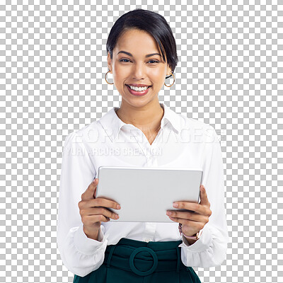 Buy stock photo Business woman, tablet and happy portrait of a professional with communication and network. Female corporate worker isolated on a transparent, png background for social media, internet or website