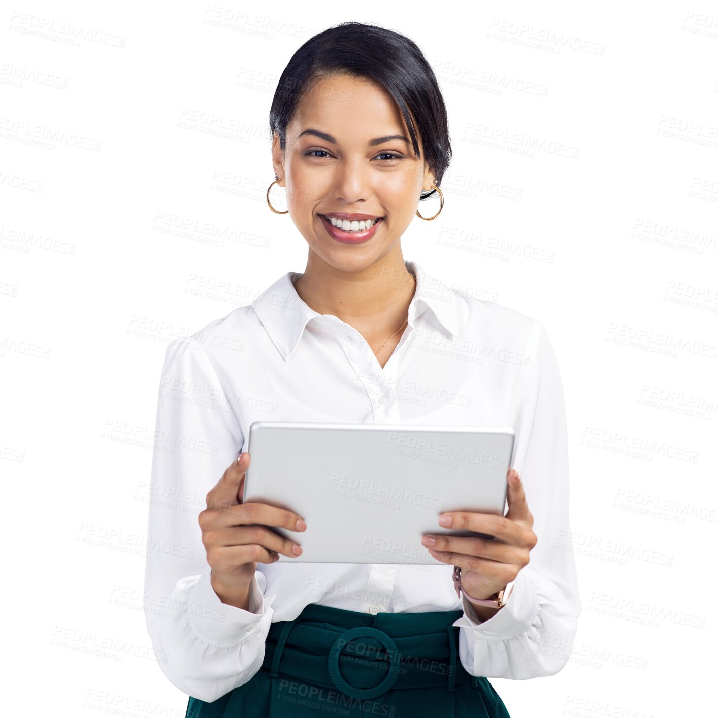 Buy stock photo Business woman, tablet and happy portrait of a professional with communication and network. Female corporate worker isolated on a transparent, png background for social media, internet or website