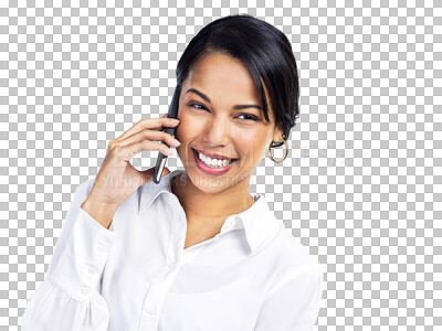 Buy stock photo Business phone call, face and happy woman speaking on cellphone communication, networking and consulting. Happy advisor, corporate and person talking on mobile isolated on transparent, png background