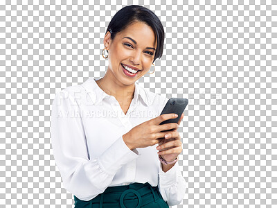 Buy stock photo Business woman, phone and typing portrait of a professional with communication and network. Female corporate worker isolated on a transparent, png background for social media, internet and connection