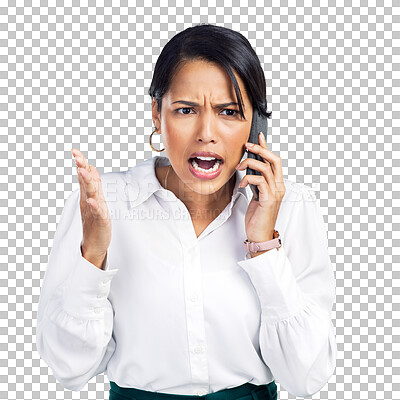 Buy stock photo Cellphone call, anger and business woman speaking on angry phone communication, discussion or conversation. Frustrated, conflict and person talking about scam isolated on transparent, png background