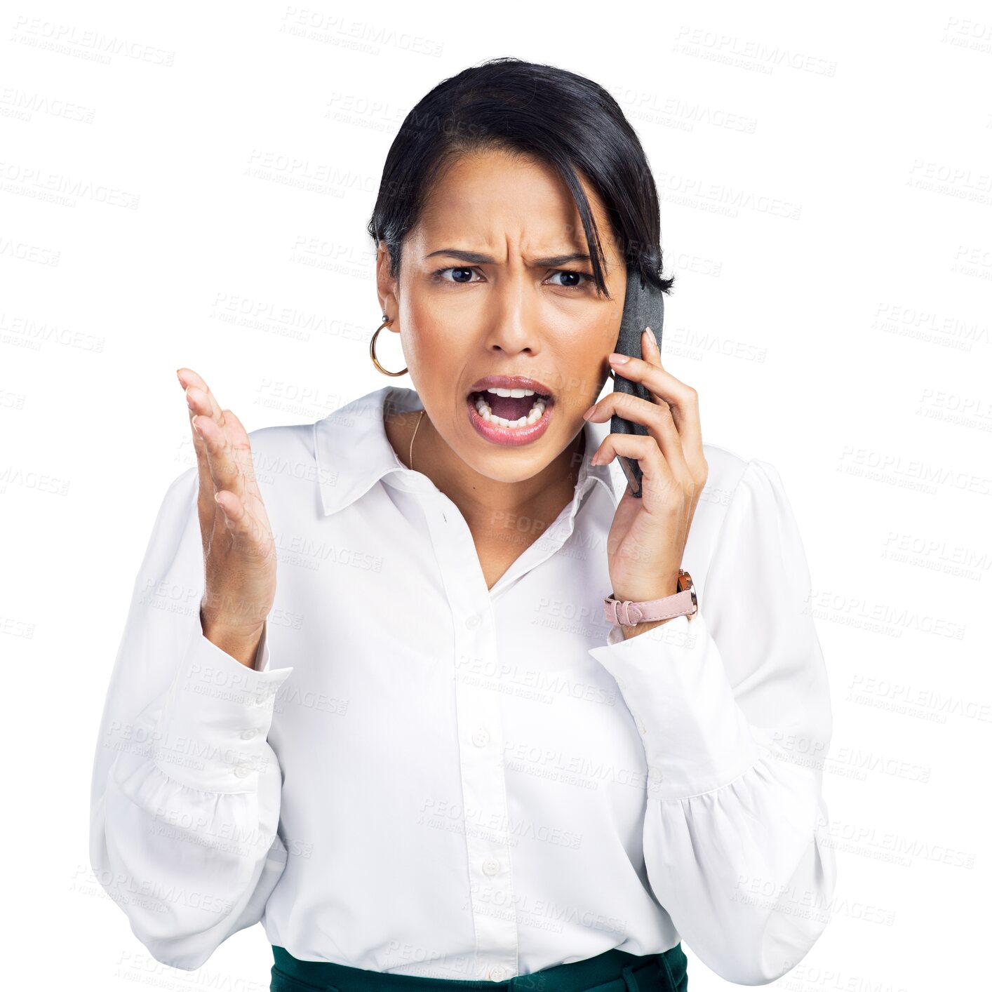 Buy stock photo Cellphone call, anger and business woman speaking on angry phone communication, discussion or conversation. Frustrated, conflict and person talking about scam isolated on transparent, png background