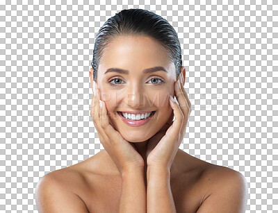 Buy stock photo Woman, portrait and smile with hands, skincare and natural beauty with facial, cosmetics or care on transparent, isolated or png background. Girl, touch face and happy with skin in spa or salon