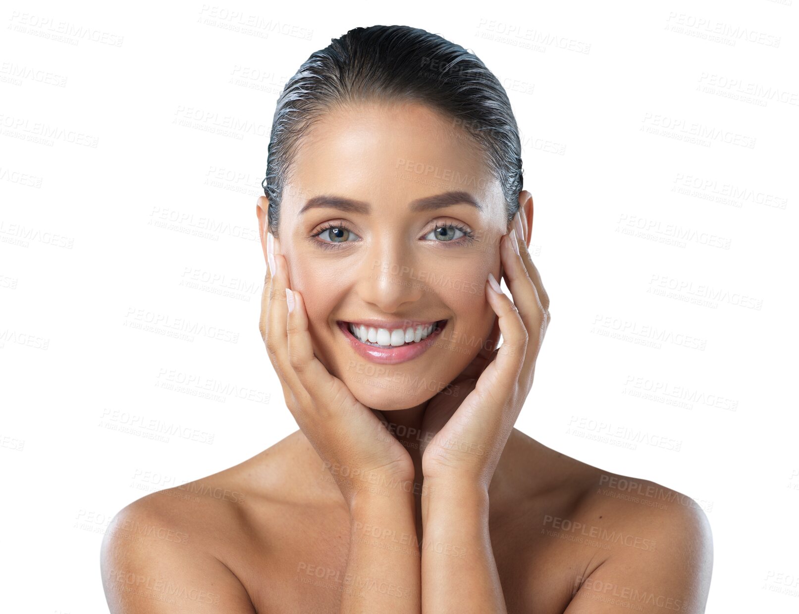 Buy stock photo Woman, portrait and smile with hands, skincare and natural beauty with facial, cosmetics or care on transparent, isolated or png background. Girl, touch face and happy with skin in spa or salon