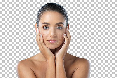 Buy stock photo Woman, natural beauty and hands on face for skincare, facial or cosmetics for self care on transparent, isolated or png background. Girl, portrait and hand on clean skin or dermatology in spa