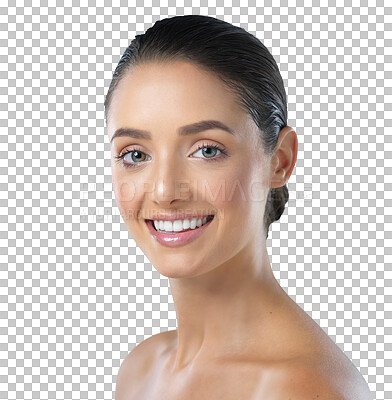 Buy stock photo Beauty, skincare and natural with portrait of woman on transparent background for cosmetics, spa treatment and dermatology. Salon, self care and grooming with face of person isolated on png for glow