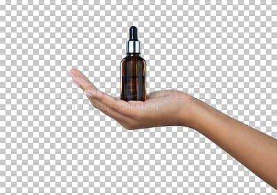 Buy stock photo Isolated hands, serum and drop for skincare wellness, health and closeup by transparent png background. Woman, glass bottle and oil for self care product, skin glow or cosmetic liquid for dermatology