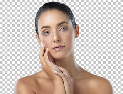 Buy stock photo Touch face, beauty and skincare of woman isolated on a transparent png background. Portrait, natural and serious model with cosmetics in spa facial treatment for wellness, aesthetic and healthy skin.