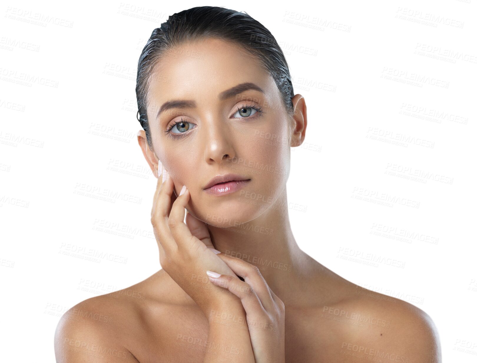 Buy stock photo Touch face, beauty and skincare of woman isolated on a transparent png background. Portrait, natural and serious model with cosmetics in spa facial treatment for wellness, aesthetic and healthy skin.