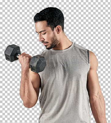 PNG studio shot of a muscular young man exercising with a dumbbell
