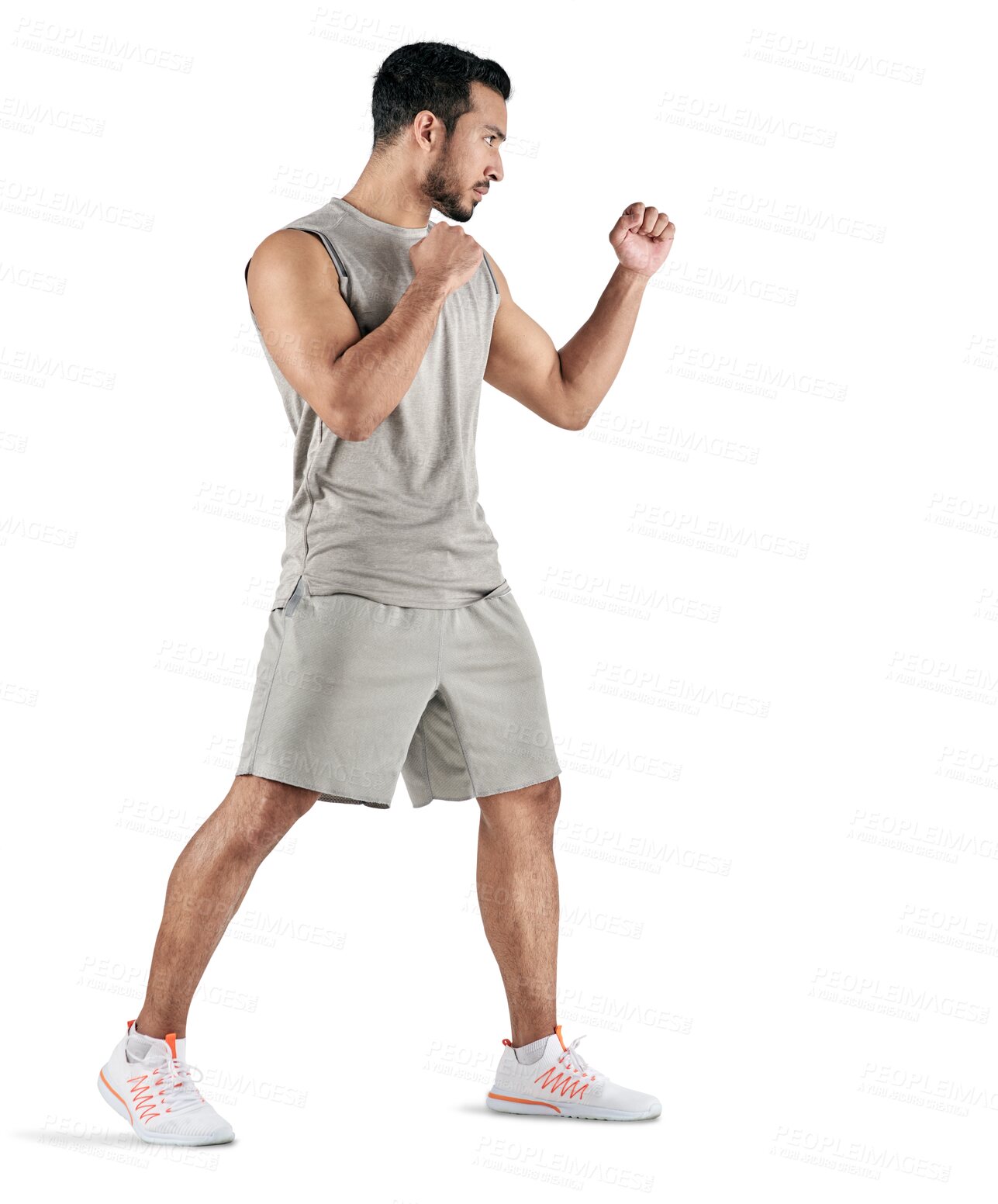 Buy stock photo Profile, fitness and fighting with a sports man isolated on a transparent background for self defense training. Exercise, health and workout with a young male fighter or athlete on PNG for wellness