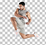 PNG studio shot of a muscular young man jumping against a white backgroundisolated on a transparent PNG background