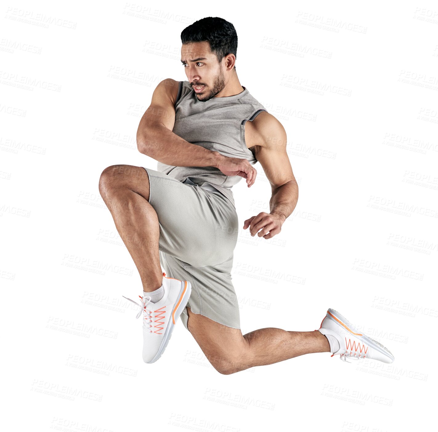 Buy stock photo Gym, fitness and power with man and jump on transparent background for training, workout and kick. Health, training and focus with male athlete isolated on png for exercise, energy and 