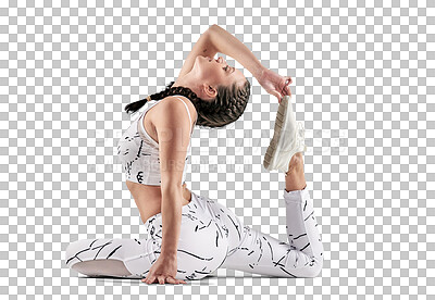 Buy stock photo Yoga, fitness and zen with a young woman isolated on a transparent background for wellness or balance. Profile, exercise and chakra with a young female yogi training on PNG for a health workout