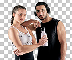 PNG studio portrait of a sporty young man and woman posing together against a white background