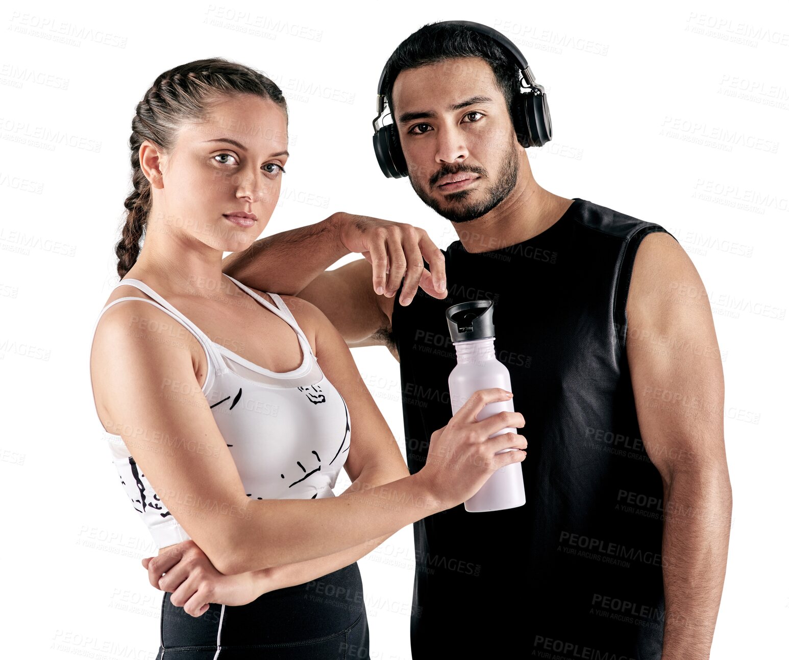 Buy stock photo Portrait, fitness and couple of friends in serious competition, health or training for support. Personal trainer, woman or young sports people and exercise gear isolated on transparent png background