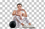 PNG studio portrait of a sporty young woman posing with an exercise ball against a white backgroundisolated on a transparent PNG background