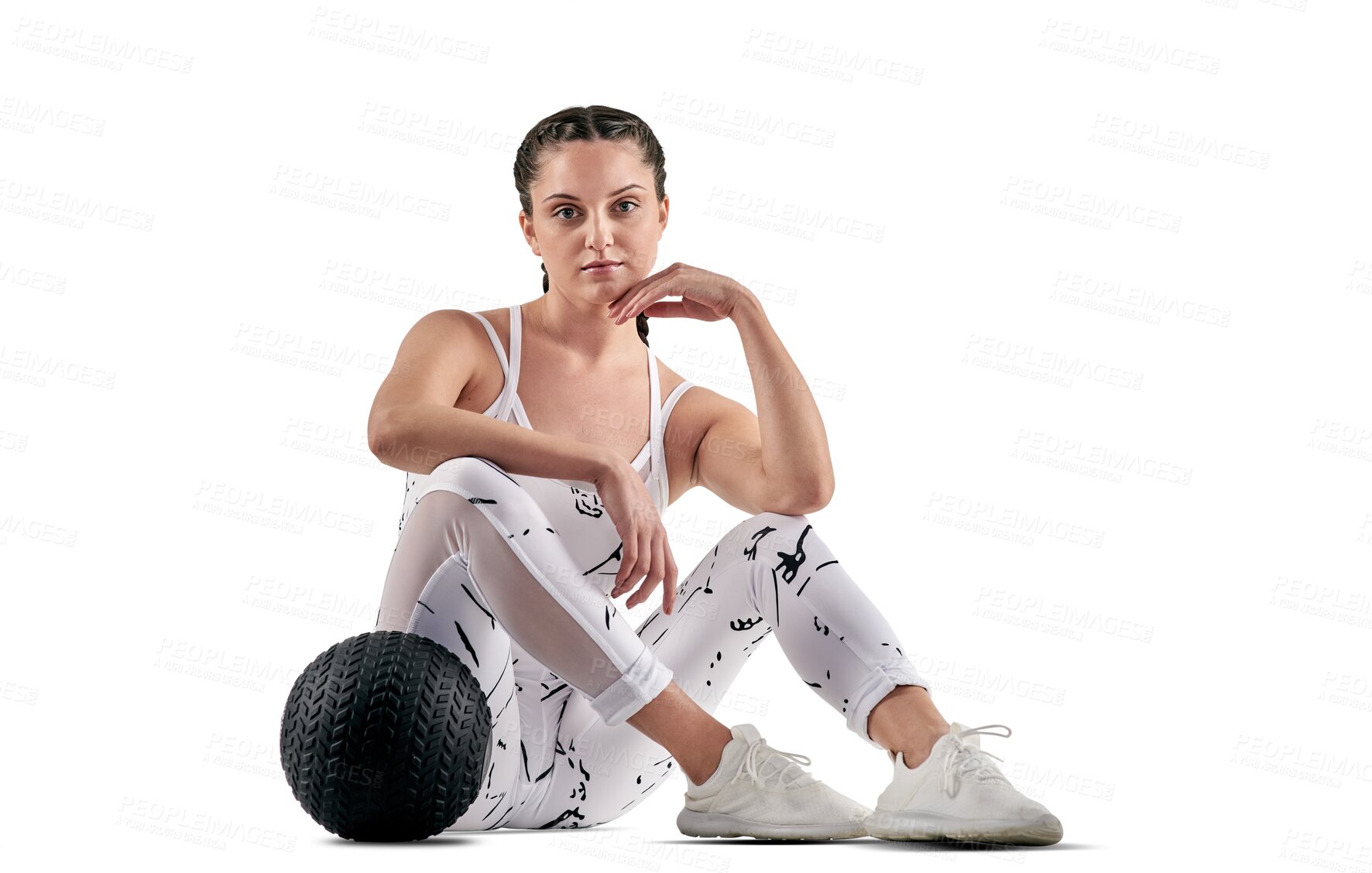 Buy stock photo Portrait, exercise and fitness ball with a woman isolated on a transparent background for a health workout. Sports, training and health with a young female athlete in sportswear for wellness on PNG