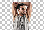 PNG studio shot of a muscular young man stretching his arms against a white background