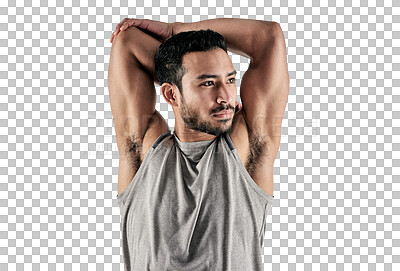 PNG studio shot of a muscular young man stretching his arms