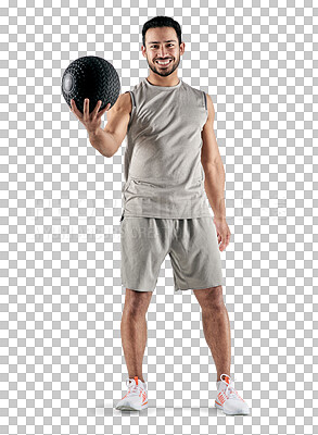 Buy stock photo Isolated man, ball and portrait for exercise, smile and pride for health, sport and transparent png background. Young guy, personal trainer and happy for sports, workout and training with motivation