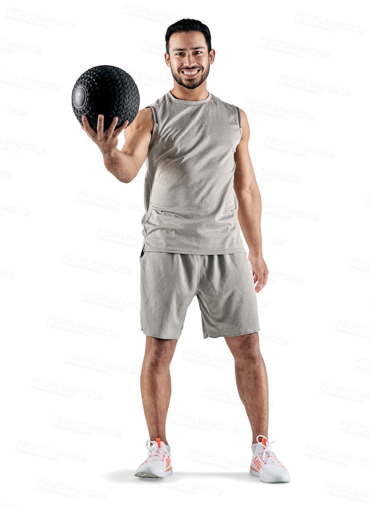 Buy stock photo Isolated man, ball and portrait for exercise, smile and pride for health, sport and transparent png background. Young guy, personal trainer and happy for sports, workout and training with motivation