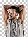 PNG studio shot of a muscular young man stretching his arms against a white background