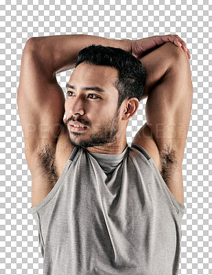 Buy stock photo Thinking, fitness and gym with man and stretching on transparent background for sports, workout or exercise. Muscle, start and warm up with male person isolated on png for idea, training or health