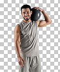 PNG studio portrait of a muscular young man holding an exercise ball against a white background