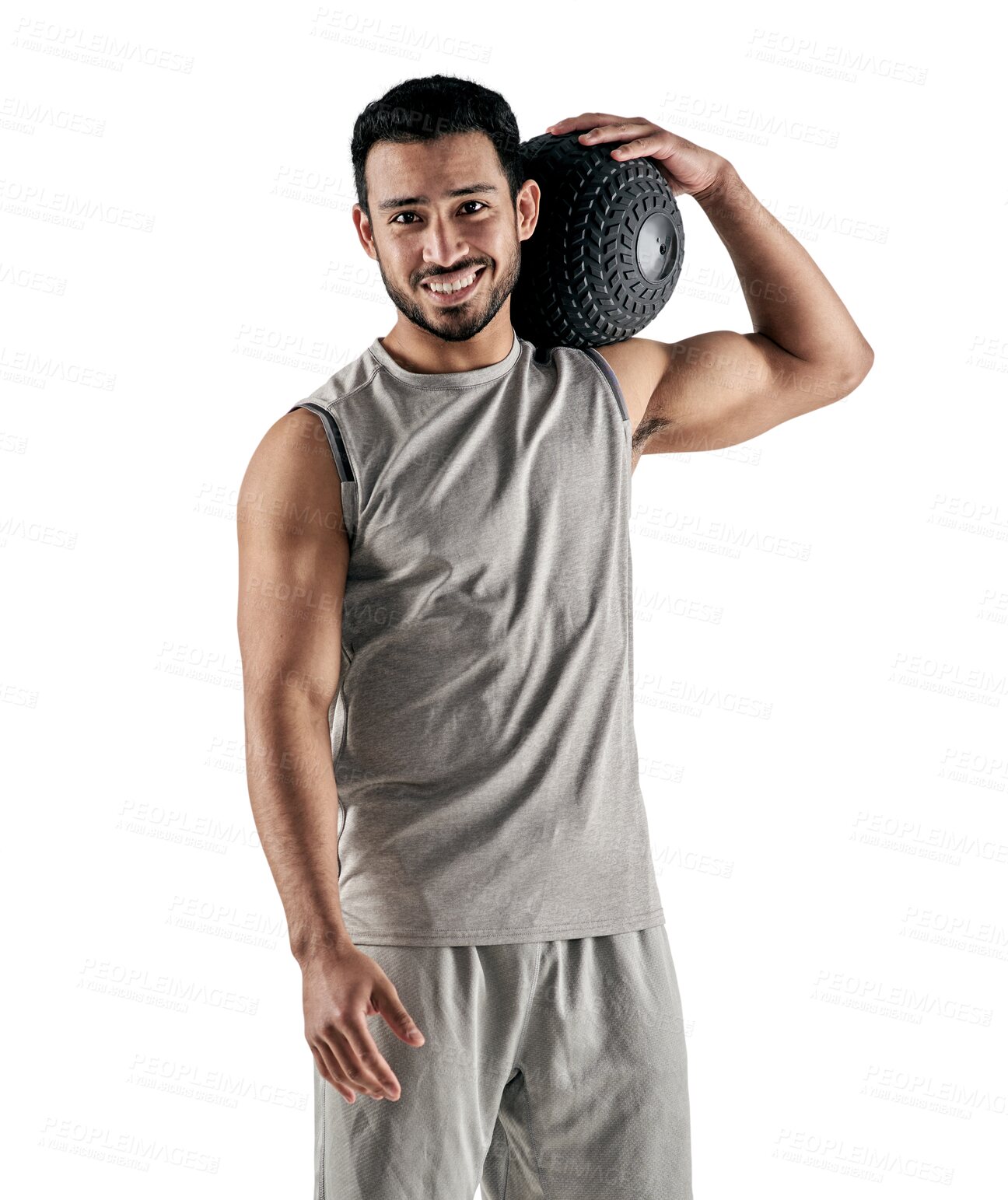 Buy stock photo Isolated man, exercise ball and muscle in portrait with smile, fitness or healthy by transparent png background. Bodybuilder guy, personal trainer or equipment for workout, training or gym for health