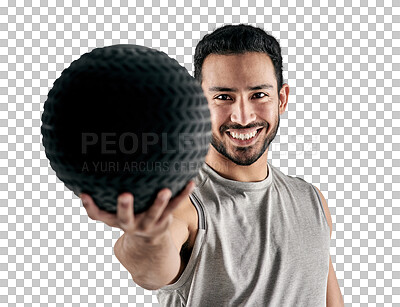 Buy stock photo Medicine ball, man with smile and exercise, health and active isolated on transparent png background. Fitness, happy male athlete and holding workout equipment with sports, training and portrait