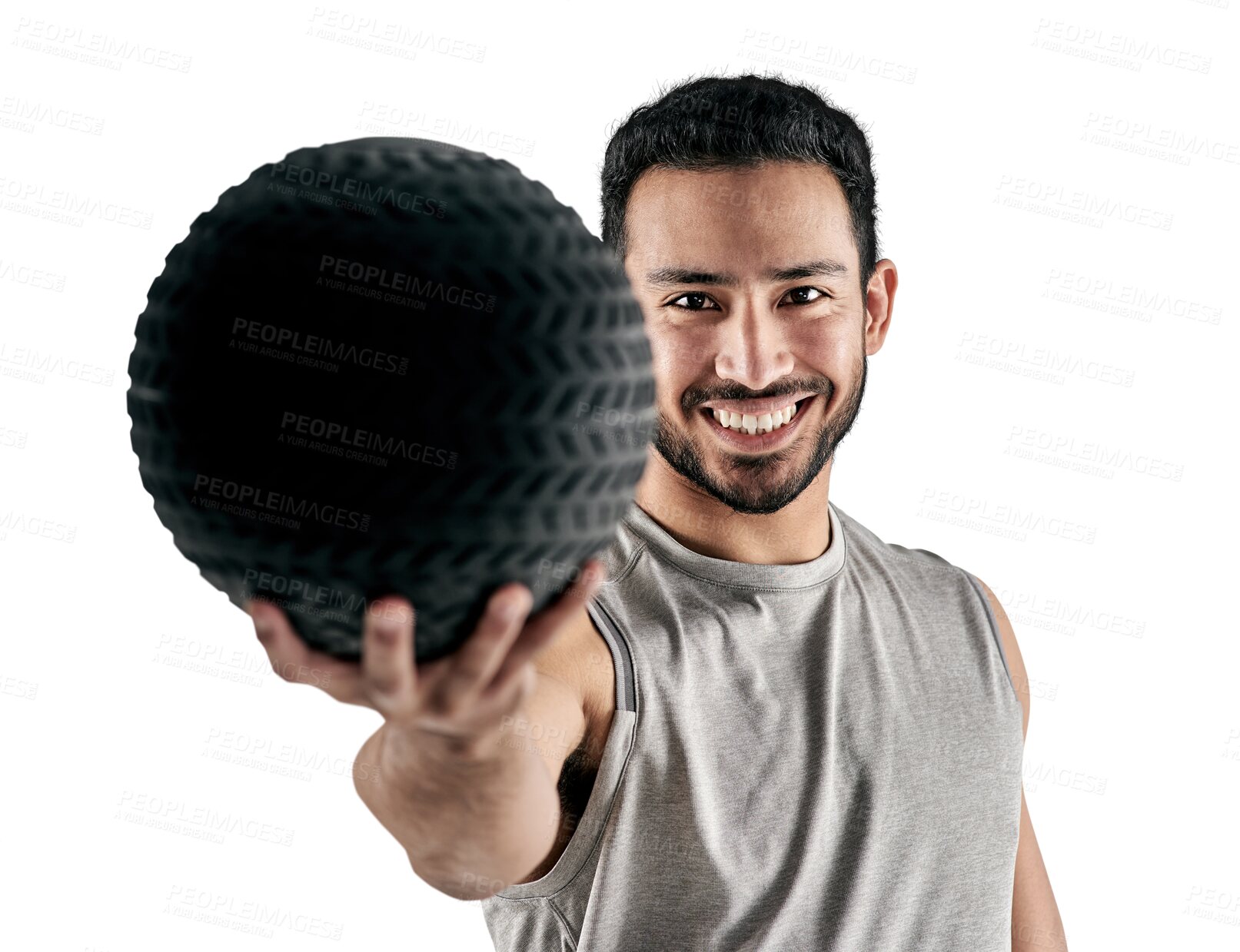 Buy stock photo Medicine ball, man with smile and exercise, health and active isolated on transparent png background. Fitness, happy male athlete and holding workout equipment with sports, training and portrait