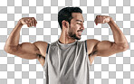 PNG studio shot of a muscular young man flexing his biceps against a white backgroundisolated on a transparent PNG background