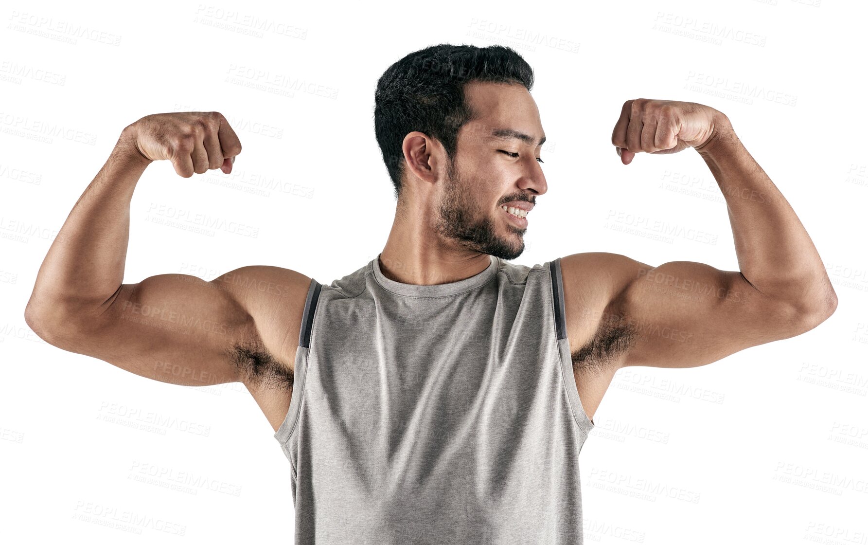 Buy stock photo Strong, muscle and man flexing with fitness, exercise and model isolated on a transparent background. Athlete, male person and bodybuilder flex arms, progress and health with png, power and wellness