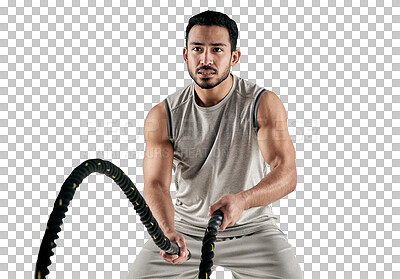 PNG studio shot of a muscular young man exercising with battle ropes  against a white backgroundisolated on a transparent PNG background
