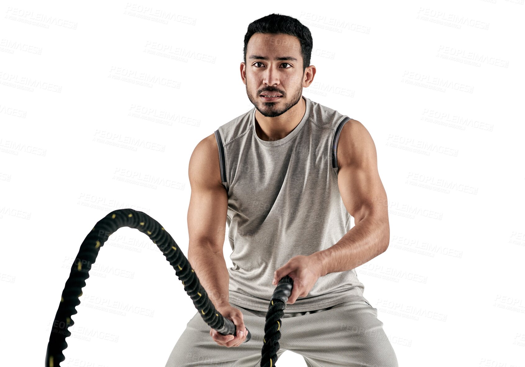 Buy stock photo Isolated man, fitness and rope for muscle development, wellness and training by transparent png background. Guy, bodybuilder and workout for exercise, strong body and mindset for commitment to health